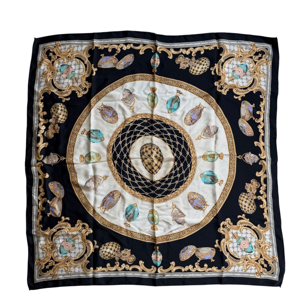 Vintage Metropolitan Museum of Art Echo Fabergé egg 100% Silk Scarf 34"Black